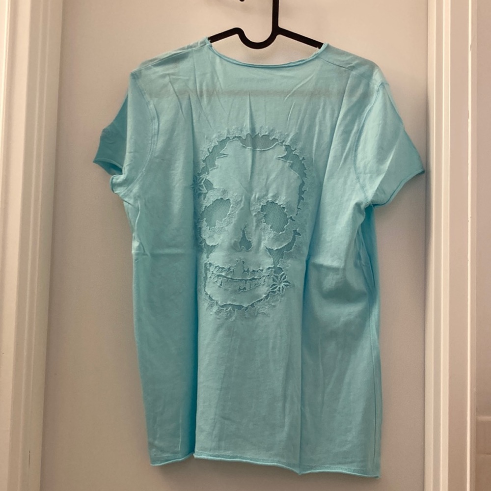 NWOT Zadig & Voltaire Blue Fishnet Skull V-Neck Tee